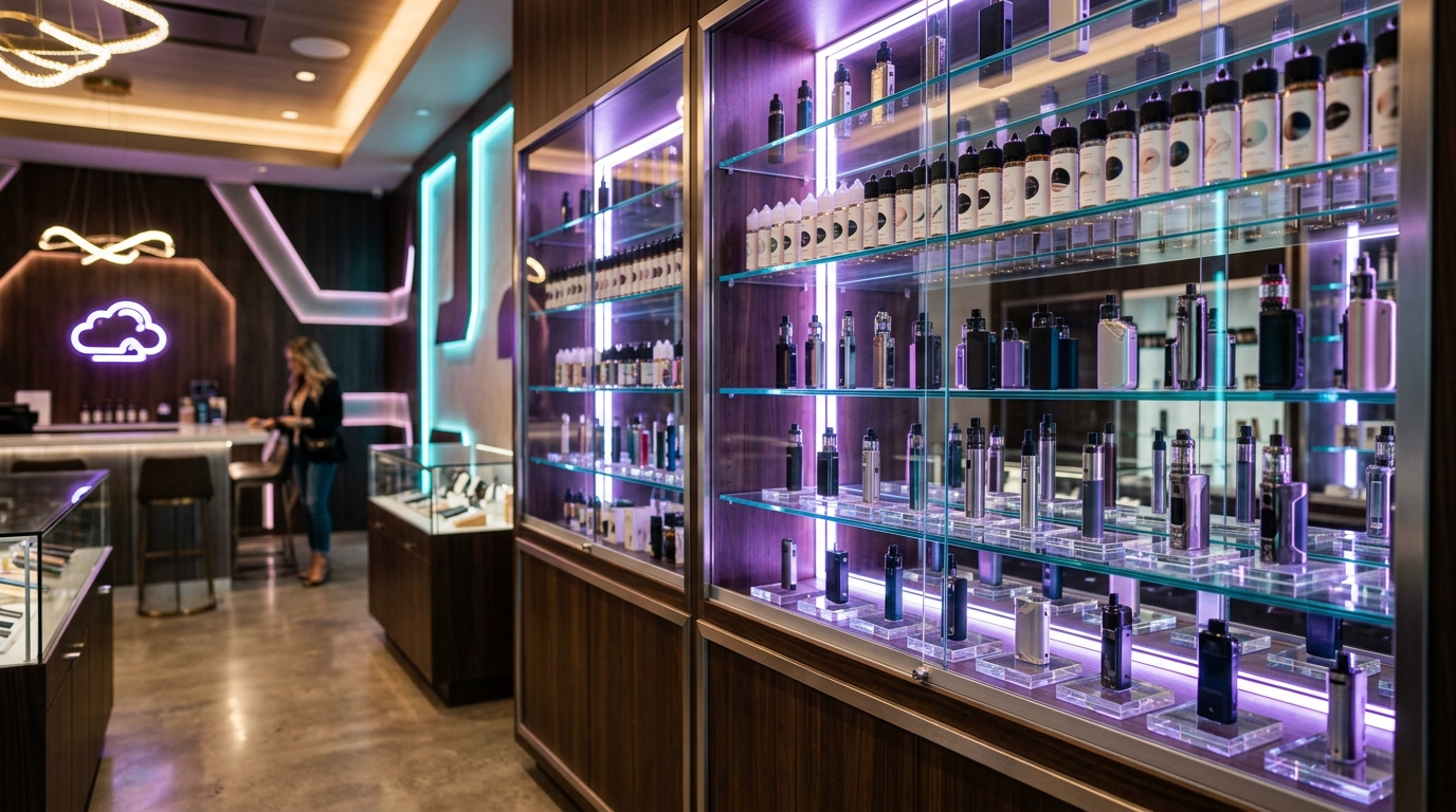 Vape display racks at Legends Smoke Houston TX
