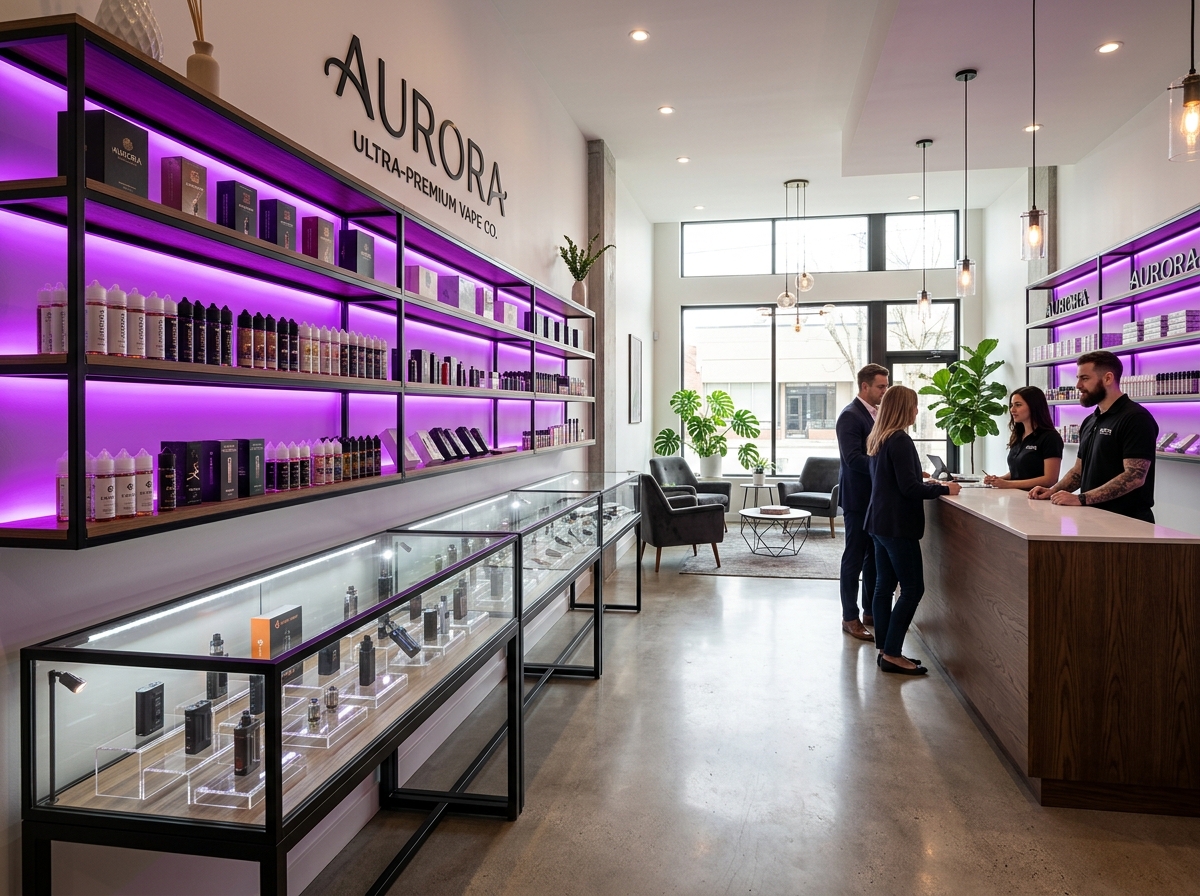 Interior view of Legends Smoke clean retail store layout